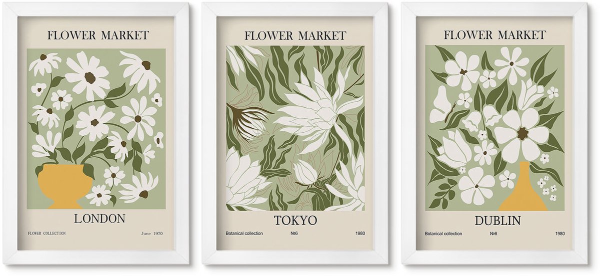 Wallfluent 3-Delige Schilderij Set - Bloemenposterontwerpen Londen Tokio Dublin - 20 x 30 - Muurdecoratie - Interieur Decoratie - Woonkamer Decoratie