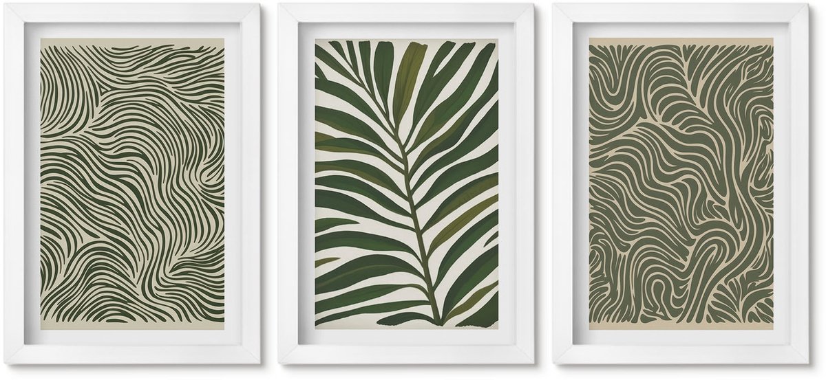 Wallfluent 3-Delige Schilderij Set - Abstracte Patronen Met Bladeren En Golvende Vormen - 20 x 30 - Muurdecoratie - Decoratieve Schilderijen - Wohnzimmer - Stijlvolle Muurdecoratie