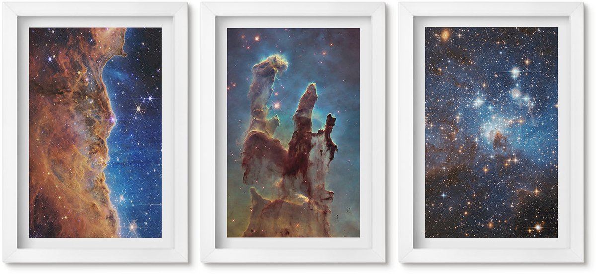 Wallfluent 3-Delige Schilderij Set - Ruimtelandschappen Met Sterrenstelsels En Nevels - 20 x 30 - Wanddecoratie - Moderne Interieurdecoratie - Woonkamer Decoratie