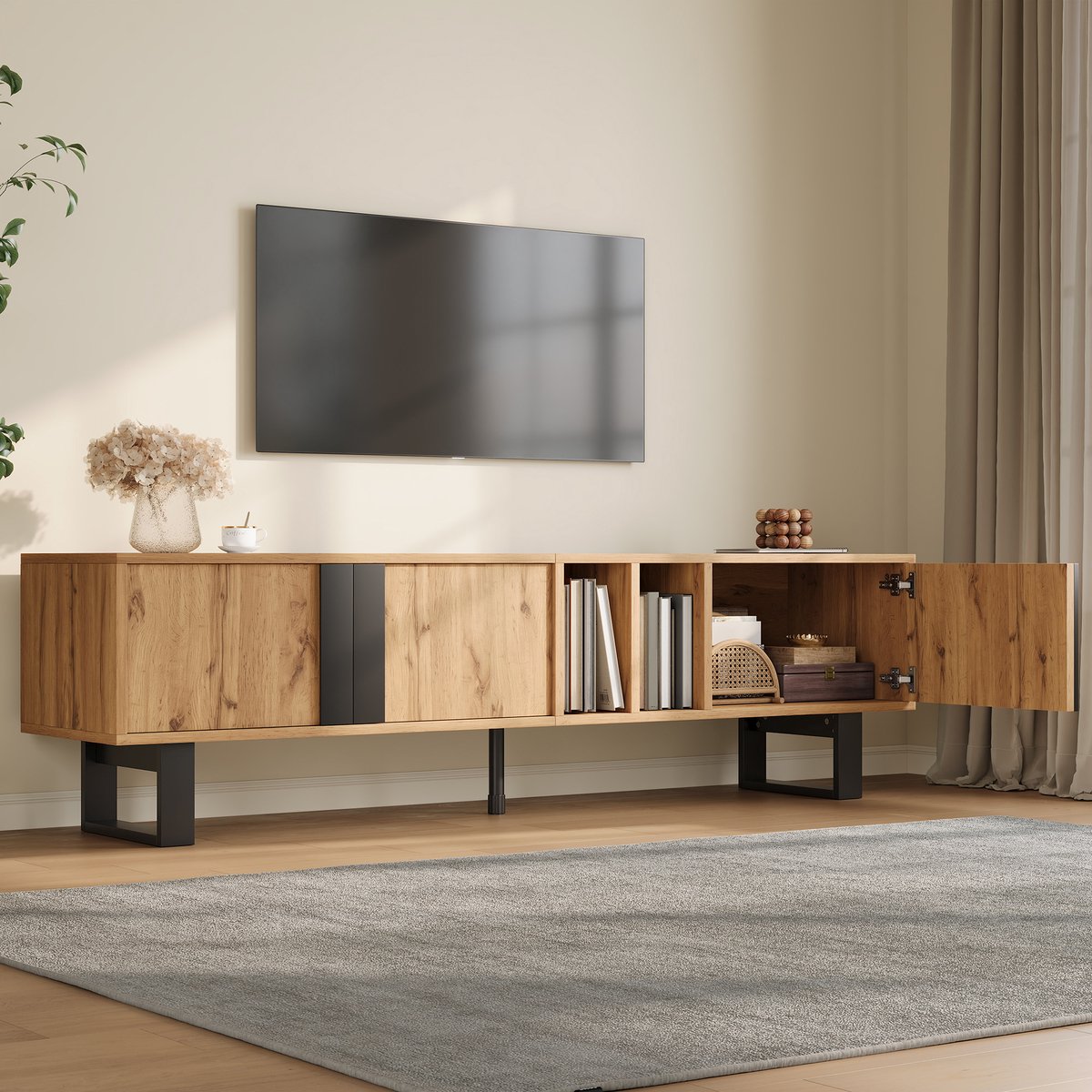 STILVORA TV Meubel - Asymmetrische Opbergkast Met 3 Deuren En Open Vakken - Voor Woonkamer En Entertainment - Houtlook - Natural - 160x40x50 Cm