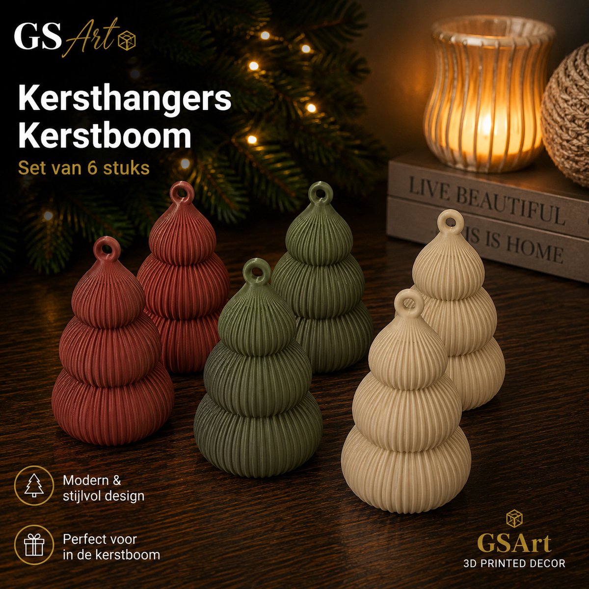 GSArt Japandi Kersthangers Kerstboom 01 – Set van 6 stuks – 9 cm