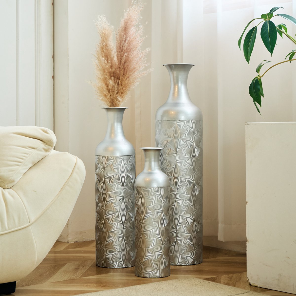 REDOM - Vaas - 3-delige vloervazen set - Golvenpatroon - Staande decoratie - Moderne stijl - Voor binnen - Metaal - Zilver - 83 cm