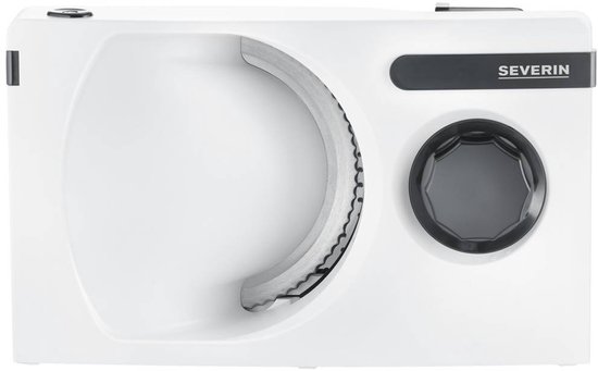Witte Severin snijmachine met zilverkleurig mes, zwarte knop en handvat.