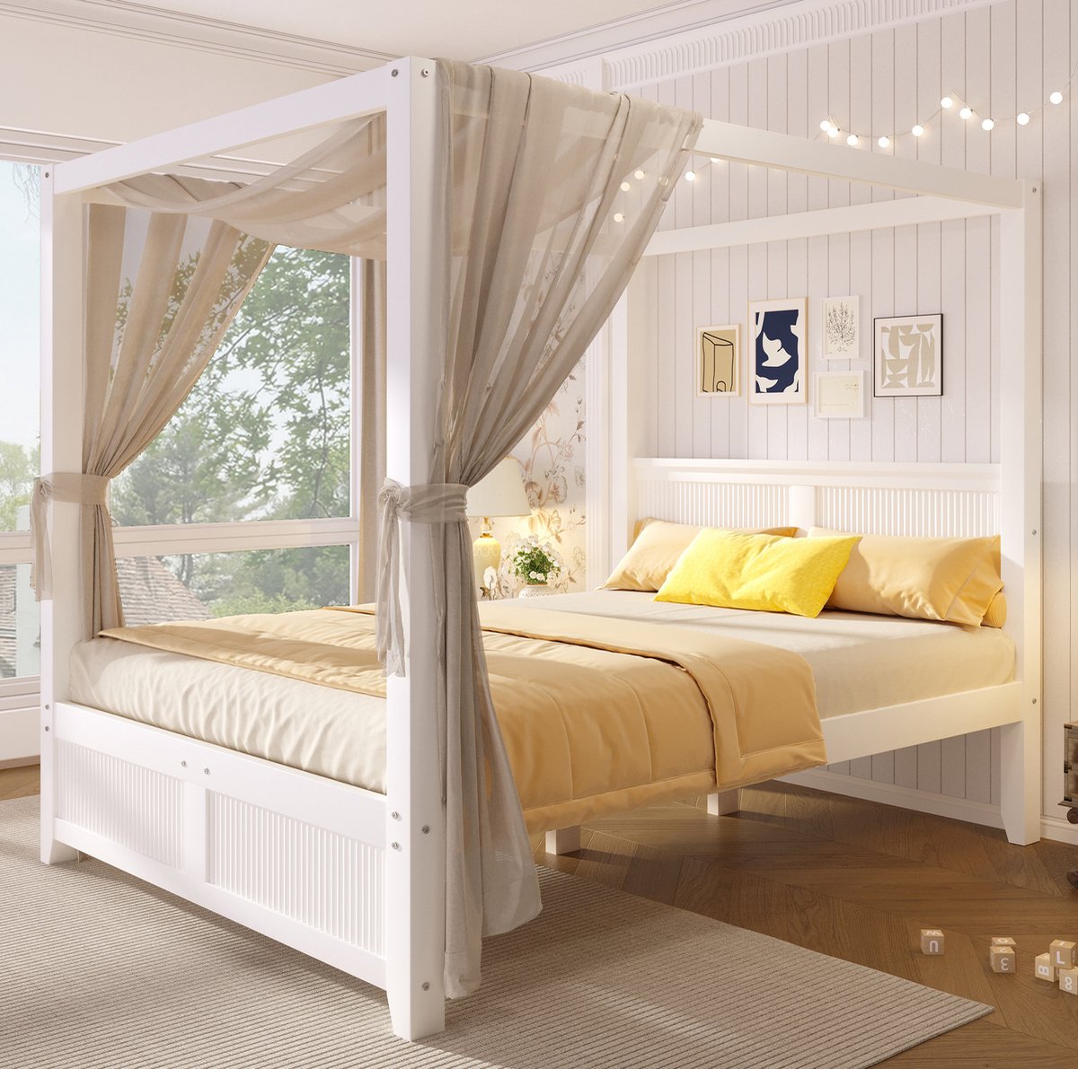 FloraGrace Hemelbed 140x200 cm - Bedframe Met Dakframe En Lamellen - Met Lattenbodem - Voor Slaapkamer - Hout En MDF - Wit Zonder Matras