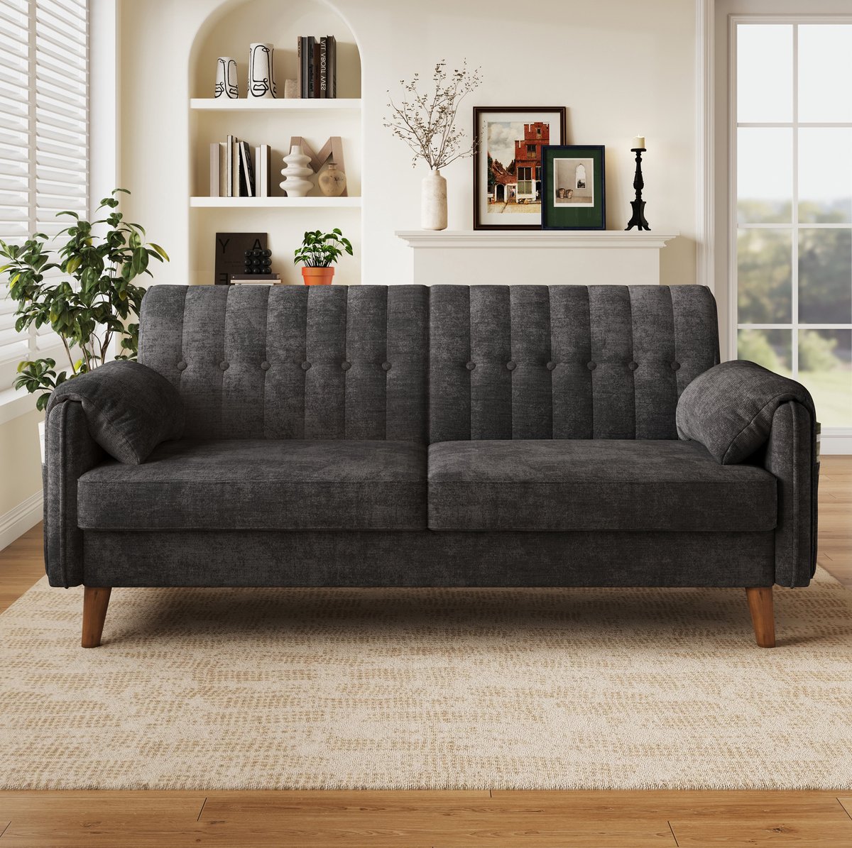 DESMIU Zitbank 2-Zits 161,5 Cm - Comfortabel Chenille Met Getufte Rugleuning En Zijvakken - Voor Woonkamer, Slaapkamer En Kantoor - Donkergrijs