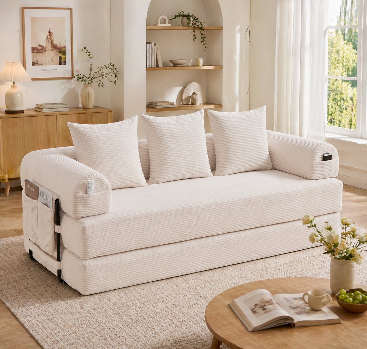 DESMIU Bank - Slaapbank 200 Cm - Modulair Met Opbergtas En 3 Kussens - Voor Woonkamer En Kleine Ruimtes - Corduroy Beige