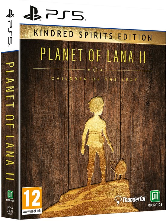 PlayStation 5 spel "Planet of Lana II Kindred Spirits Edition" met een gouden silhouet van een jongen met een katje op een rots, tegen een houten achtergrond.