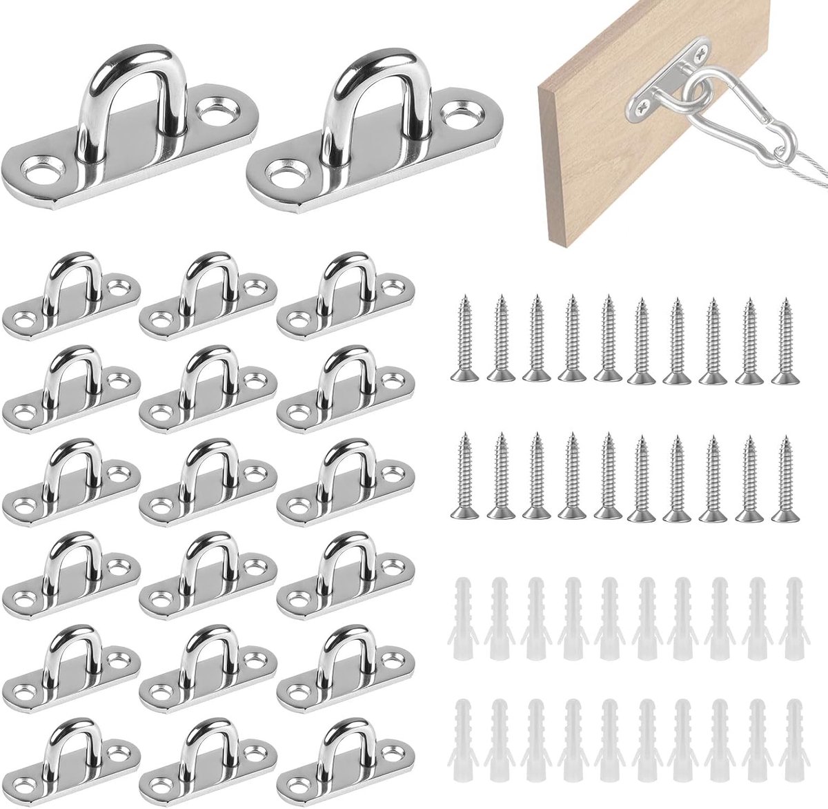 Oogplaat RVS 45x15mm - Set van 20 - Inclusief schroeven en pluggen - Ideaal voor bevestiging - ShopVlot