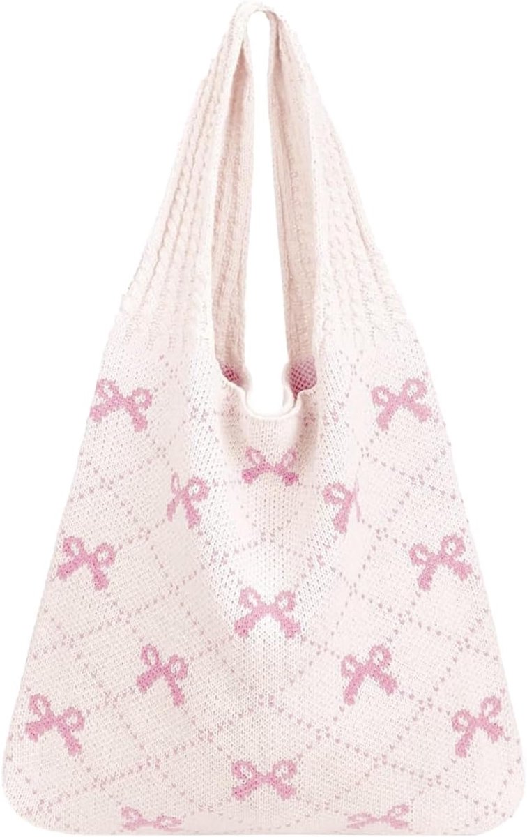 Gehaakte tas met roze strikken - lichte gebreide draagtas - esthetisch ontwerp - perfect voor dagelijks gebruik - ShopVlot