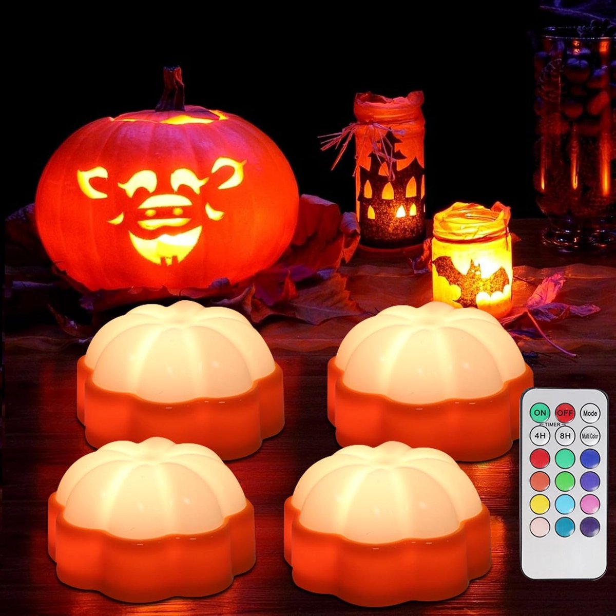 Halloween pompoenlichten set van 4 - LED kaarsen - flikkerend met afstandsbediening - sfeervolle decoratie voor buiten - ShopVlot