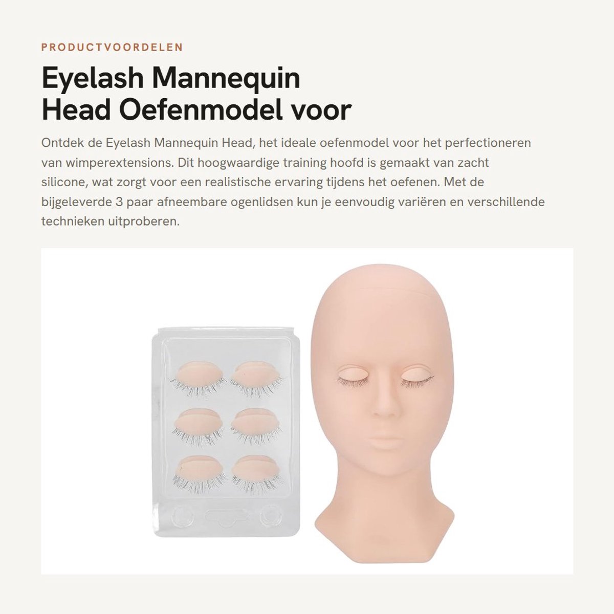 Dailygoods- Mannequin Hoofd met 3 Paar Verwijderbare Oogleden - Oefenmodel Wimperextensions - Siliconen Hoofd - 28 x 14,5 x 10 cm - Geschikt voor Make-up en Massage - Trainingshoofd