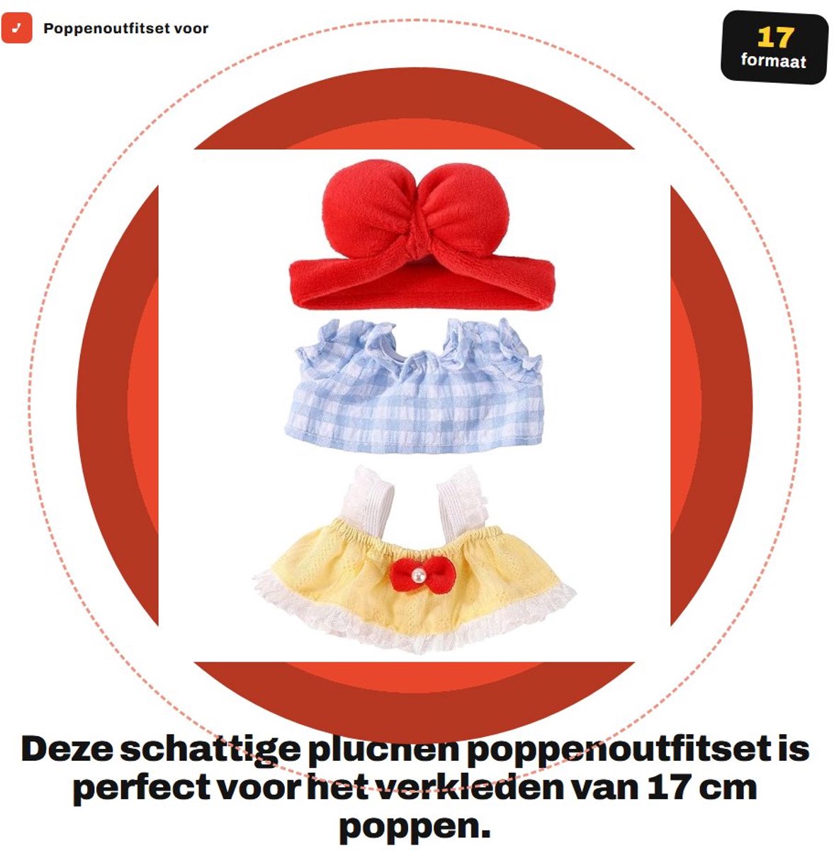 Dailygoods- Poppenoutfit Schattige Set - Poppenaccessoires - Kleding voor 17 cm Poppen - Polyester - 3 Stuks - Inclusief Hoofdband en Rok - Poppenkleding