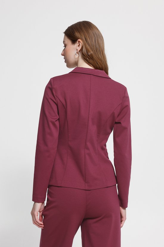 Vrouw met lang golvend bruin haar, draagt een bordeauxrode blazer en broek. Kijkt naar links.