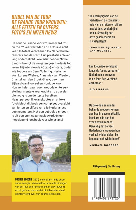 Een man, Michel Simons, met grijzend haar en bril, lacht naar de camera in een beige trui. Tussenkop: BIJBEL VAN DE TOUR DE FRANCE VOOR VROUWEN.