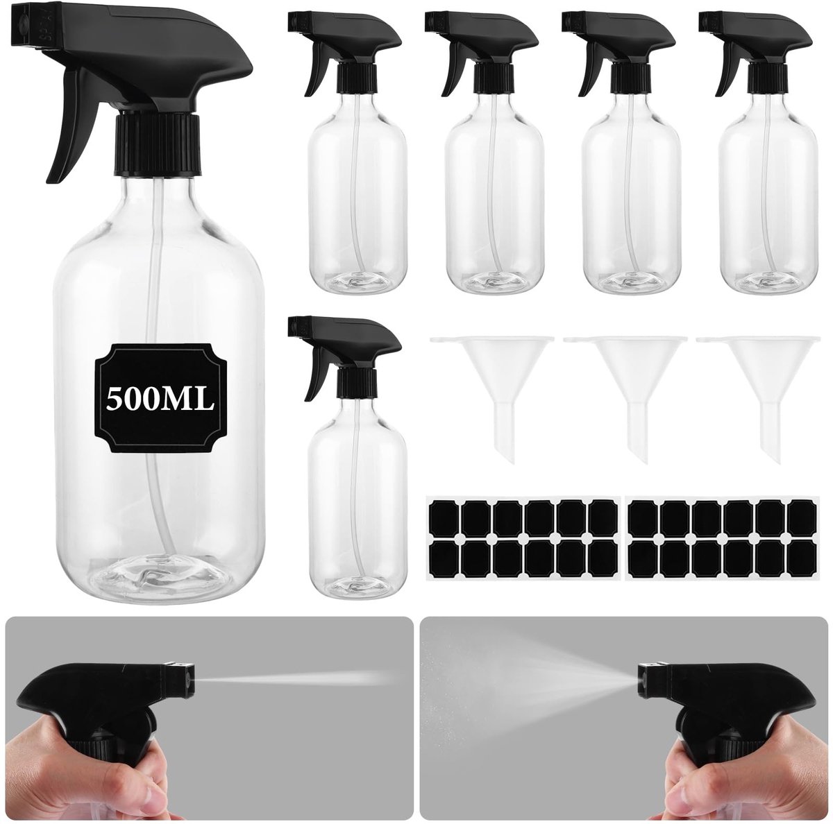 Dailygoods- Spuitfles 500 ml - 6-delige Set - Waterspuitfles - Verstuiver - Knijpfles - Kunststof - Verstelbaar mondstuk - Spray Bottle