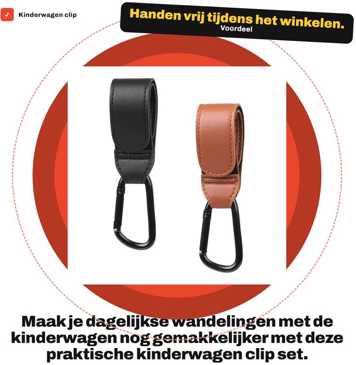 Dailygoods - Kinderwagen clip - Kinderwagen haken - Handige haken voor boodschappentassen - Zwart - Luxe leer - Veilig en stevig - Geschikt voor ouders