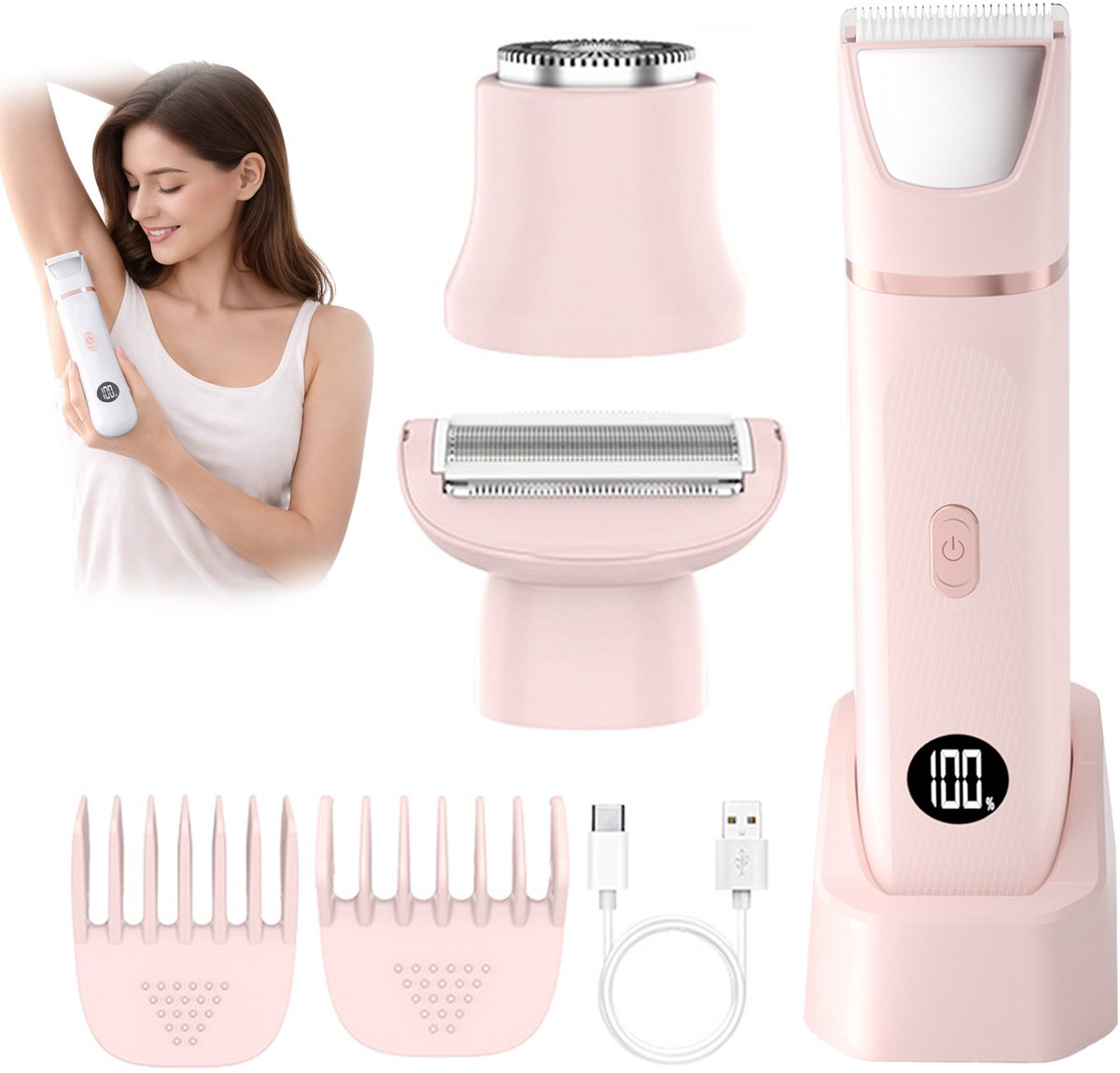 Bikinittrimmer voor Dames - Keramisch Mes, IPX7 Waterdicht, Oplaadbaar - Lichaamshaartrimmer voor Benen & Schaamstreek - Cadeau voor Vrouwen - Roze - 1 Stuk