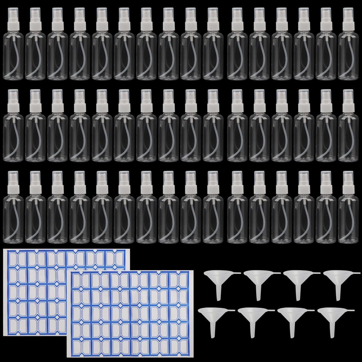 Dailygoods- Spuitflessen 40 stuks 100 ml - Plastic Navulbare Spuitflessen - Fijne Nevel Spuitflessen - Met Trechters/Etiketten - Perfect voor Etherische Oliën/Parfums - Mistflessen