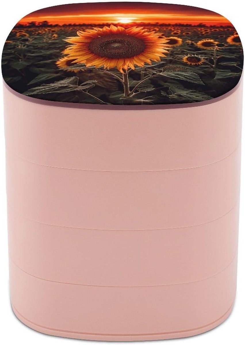 Sieraden Doos - Draaibare Organizer - Sieraden Opbergen - Vier Lagen Met Spiegel - Compact Formaat - Zonsondergang Zonnebloem