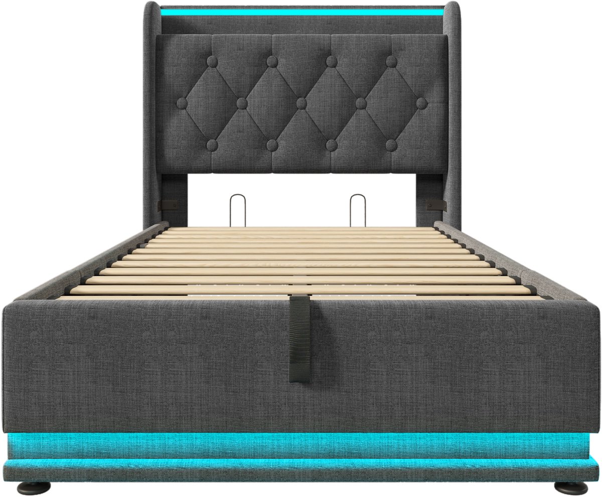 COVREO Bed 90x200 cm grijs stof, met LED verlichting en opbergruimte