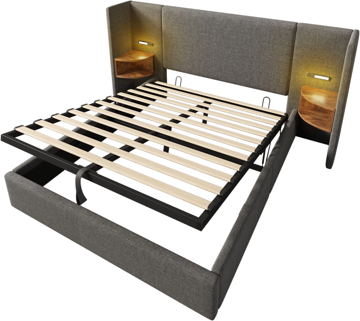 COVREO Tweepersoons bed 160x200 cm - met opbergruimte, leeslamp, USB en Type-C, grijs