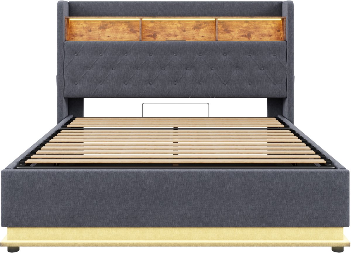 COVREO Bedframe 180x200 cm - grijs, LED, USB, opbergruimte, zonder matras