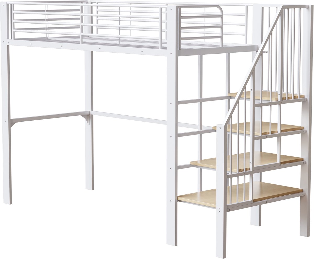 COVREO Hoogslaper met trap en opbergruimte – 90x200 cm – Metalen bed voor kinderen en volwassenen – 251,5x95x169 cm – Wit - zonder matras