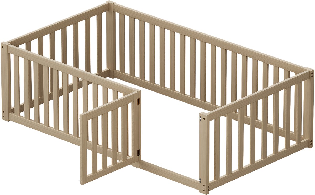 COVREO Kinderbed, 90 x 200 cm, houten bedframe, met zijhekjes en deur. Naturel