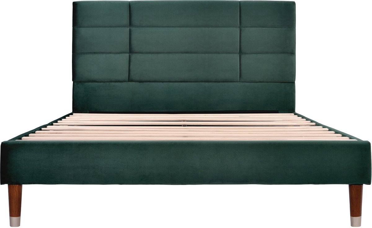 COVREO Bedframe 140x200 cm groen, gestoffeerd, hoofdbord, met matras
