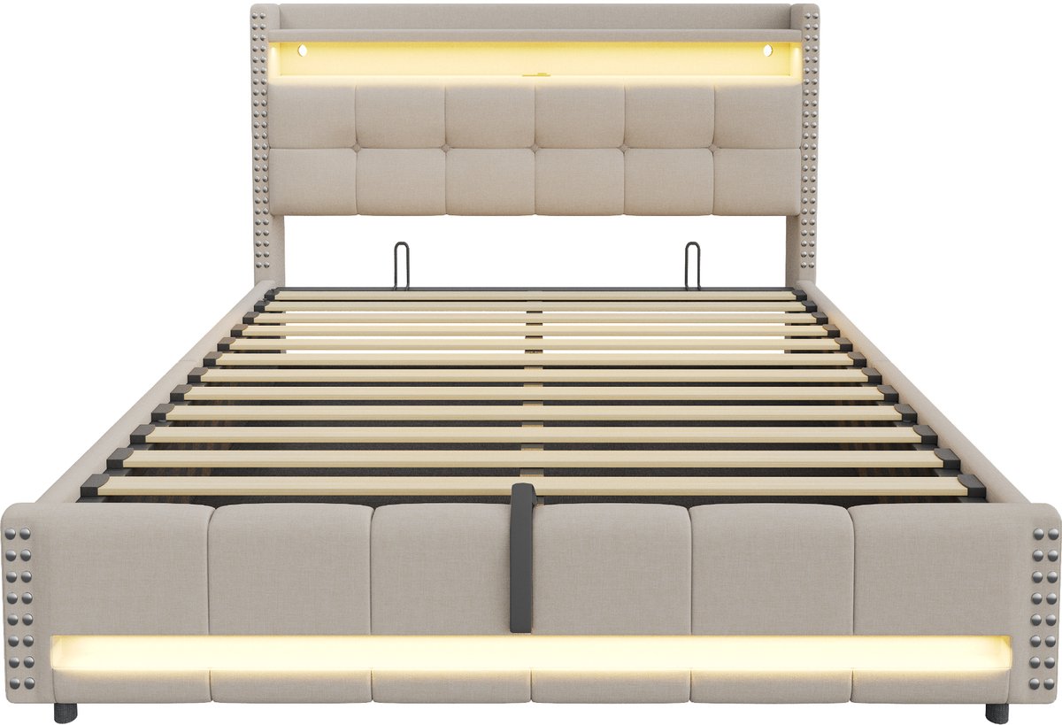 COVREO Polsterbed 180x200 cm - met LED, USB, opbergruimte en hydraulisch systeem, beige