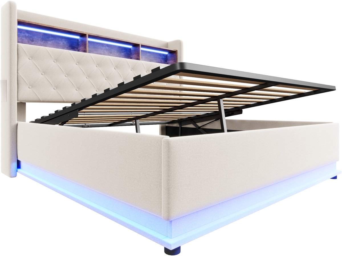 COVREO Bedframe 180x200 cm beige, LED, USB, opbergruimte, zonder matras