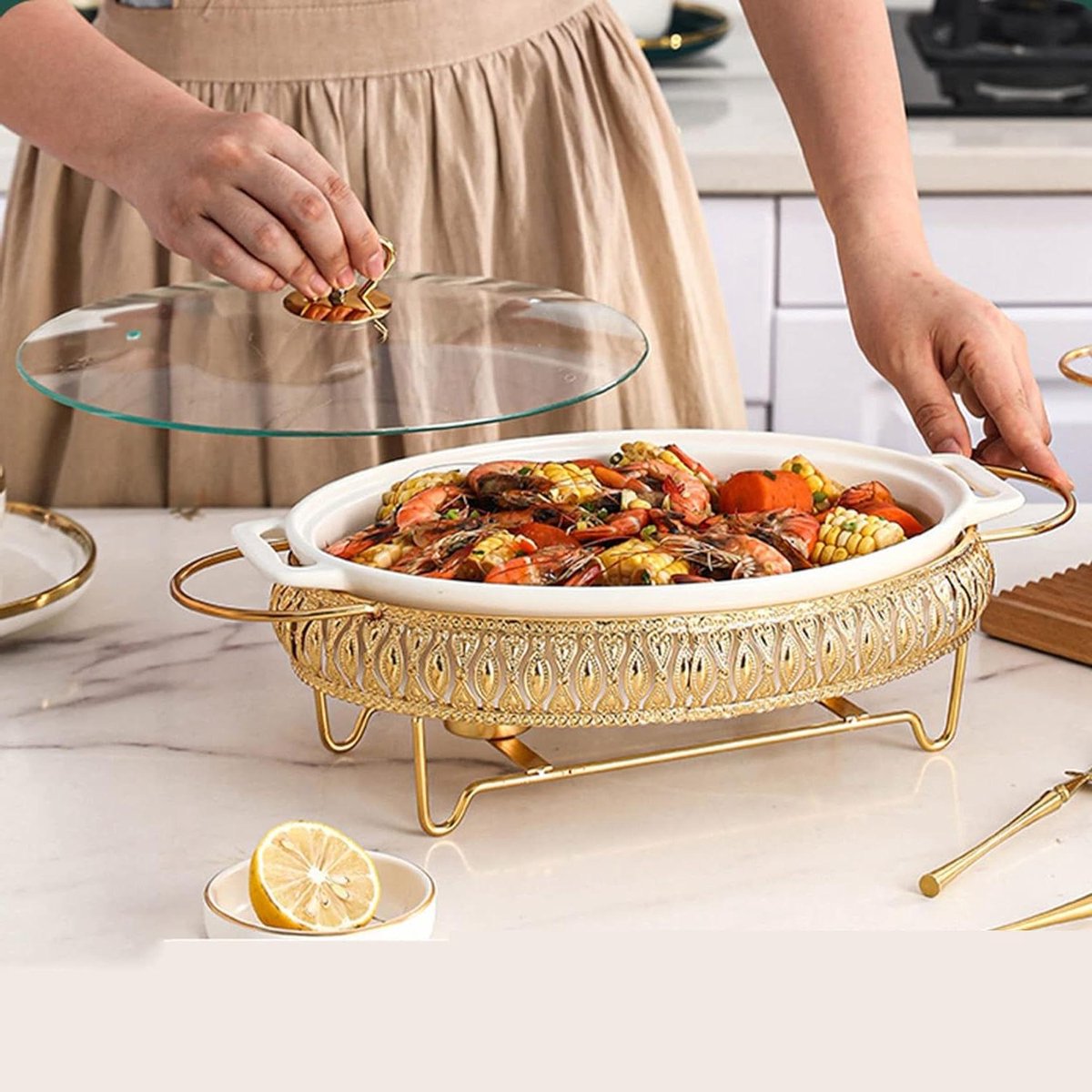 Keramische Warmhoudplaat - Buffet Server - Eten Warm Houden - Hoge Temperatuur Gebakken - 35 cm - Wit