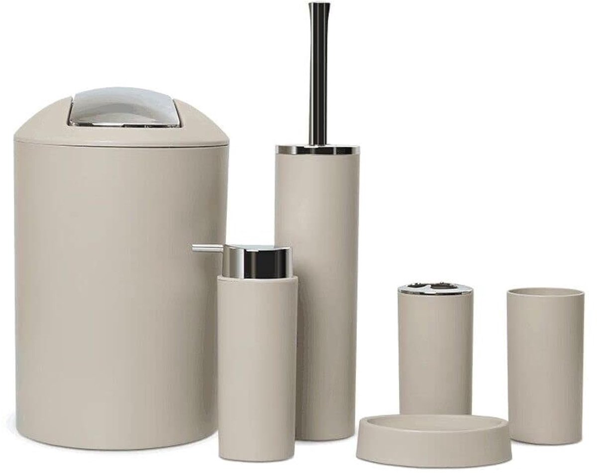 Dailygoods- Badkameraccessoireset 6-delig - Lotionfles - Tandenborstelhouder - Zeepbakje - Toiletborstel - Vuilnisemmer - Hoogwaardig PS+ABS materiaal - Badkameraccessoires