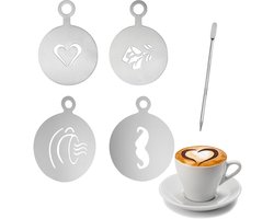 Dailygoods- Koffiesjabloon 4 Stuks - Roestvrij Staal - Koffiedecoratie - Latte Art Pen - Professionele Koffieaccessoires - Duurzaam Materiaal