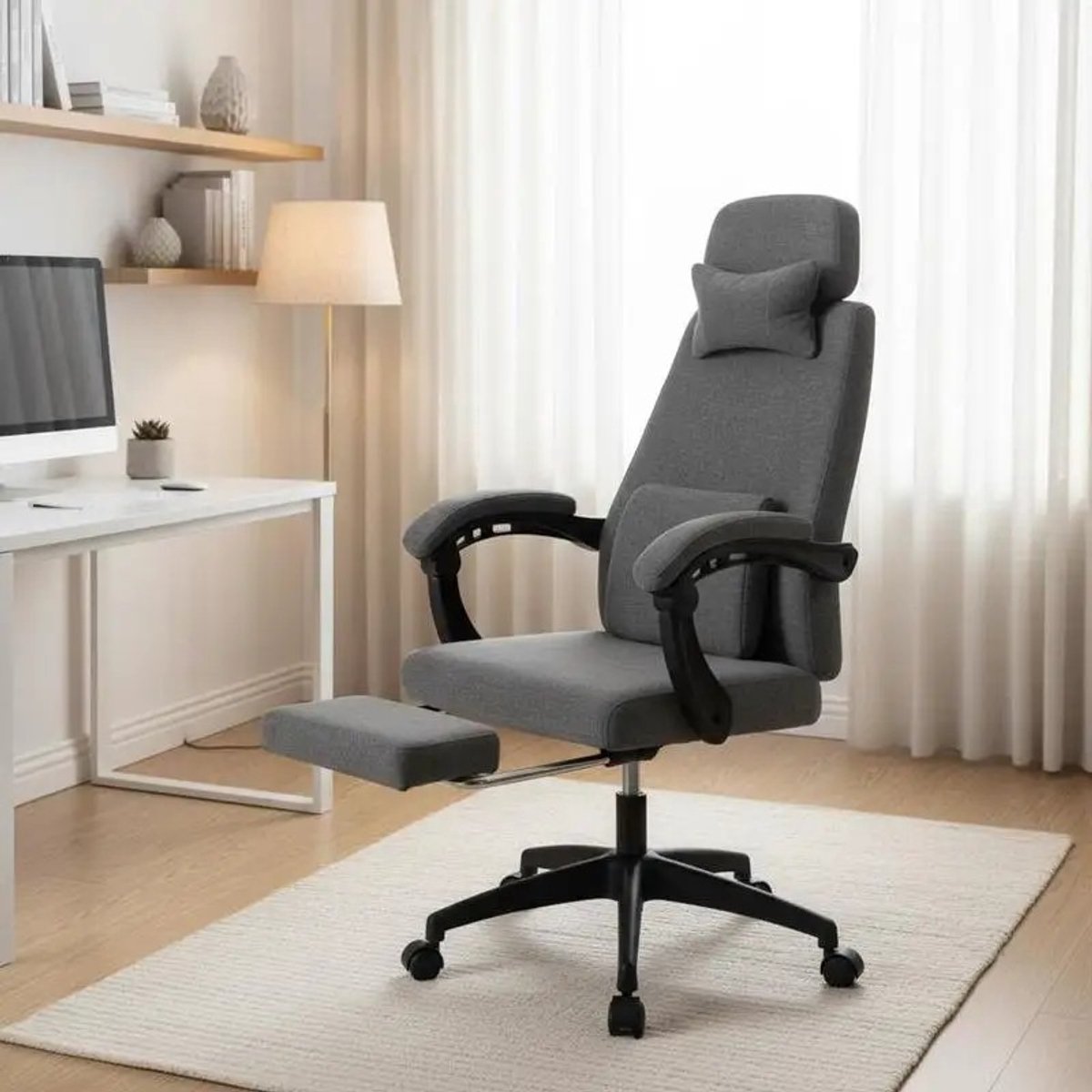 Dailygoods Liggende bureaustoel, met chenille stof beklede computerbureaustoel, grijs