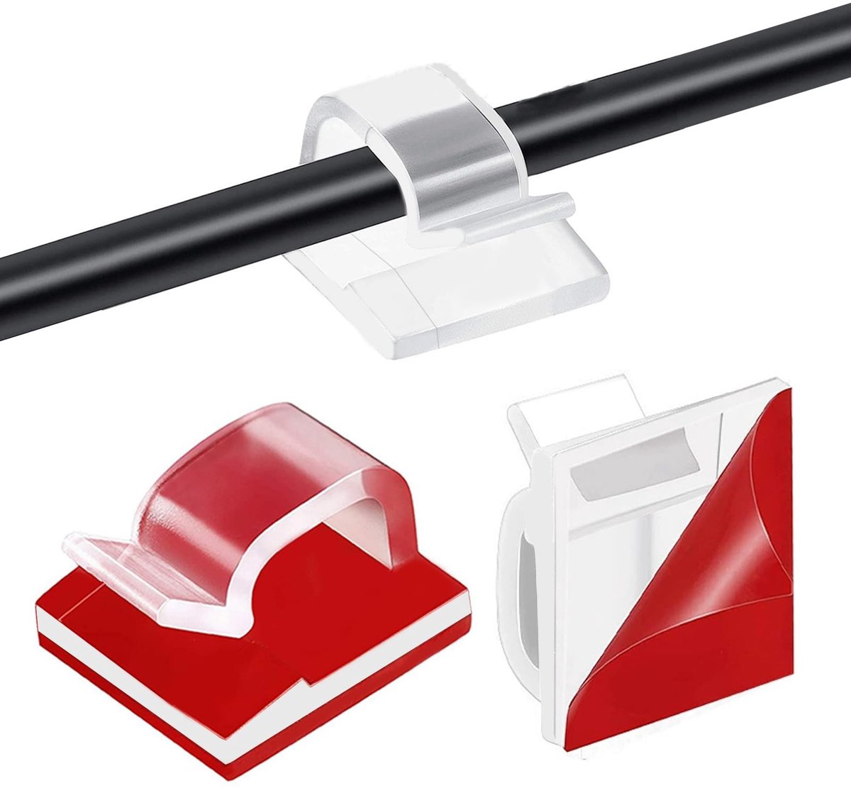 Dailygoods- Kabelclips 60 Stuks - Zelfklevende Kabelclips - Kabelhouder voor Tafel - Kabelorganiser - Geschikt voor Kabeldiameters tot 6,7 mm - Kunststof met Tape - Kabelklem
