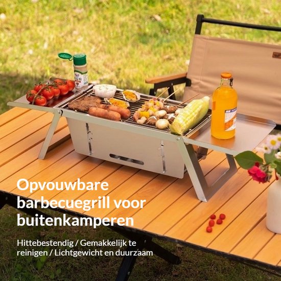 Gloovon® Houtskool BBQ - Opvouwbaar & Draagbaar RVS Grill - Verstelbare Hitte - Met Snijplank Functie - Compact 2.5cm Dun - Voor Camping & Outdoor van gloovon — afbeelding 4