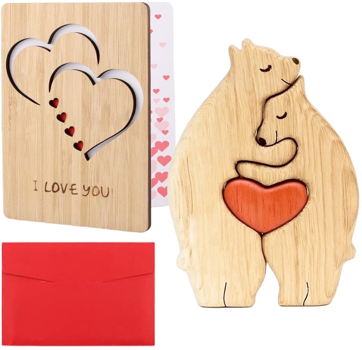 Dailygoods- Wenskaarten Set - Houten Verjaardagskaarten - Valentijnskaarten met Envelop - Beer Puzzel - I Love You Kaart - Hoogwaardig Hout