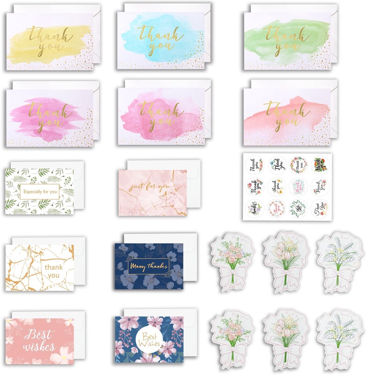 Dailygoods- Bedankkaarten 18 Stuks - Wenskaarten Set - Opvouwbare Kaarten - Inclusief Enveloppen - Stickers - Karton