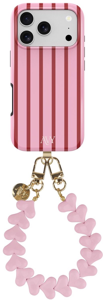 AVY Hoesje Met Telefoonkoord | Geschikt voor Apple iPhone 17 Pro | Compatibel met MagSafe | Hard Shell Back Cover | Stijlvol Bijpassend Koord 30CM | Linea Hearts | Roze