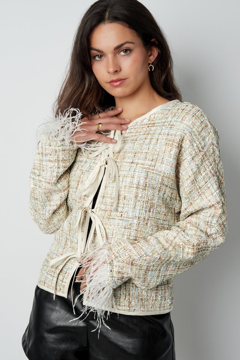 Gepolijste Vrouwen Jas in Tweed-Stijl met Veren en Strikdetail - Groen - Maat S