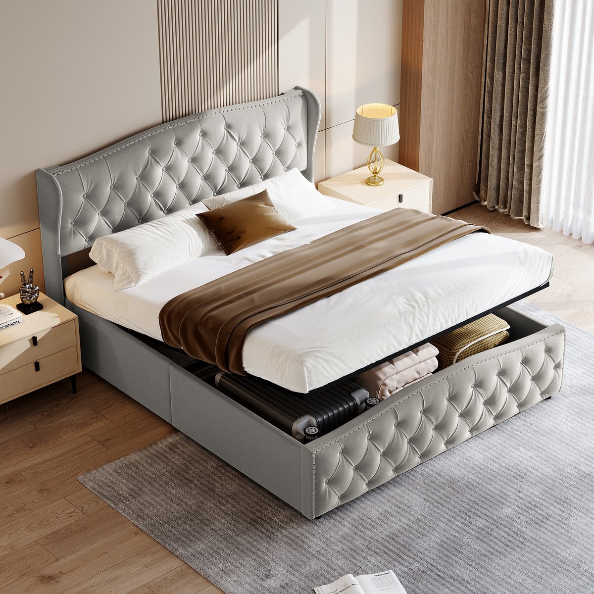 MEXUS Opbergbed 140x200 cm met hoofdbord en lattenbodem - In hoogte verstelbaar gestoffeerd tweepersoonsbed - Bed met hydraulische opbergruimte onder het bed - Geklonken - Fluweel Grijs