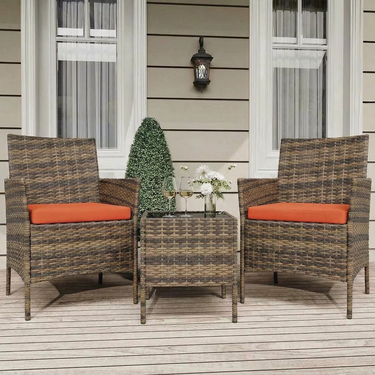 3-Delige Rotan Bistroset – 2 Tuinstoelen met Zachte Kussens & Salontafel met Glazen Blad – PE-Rotan Balkonset voor Tuin, Veranda & Terras