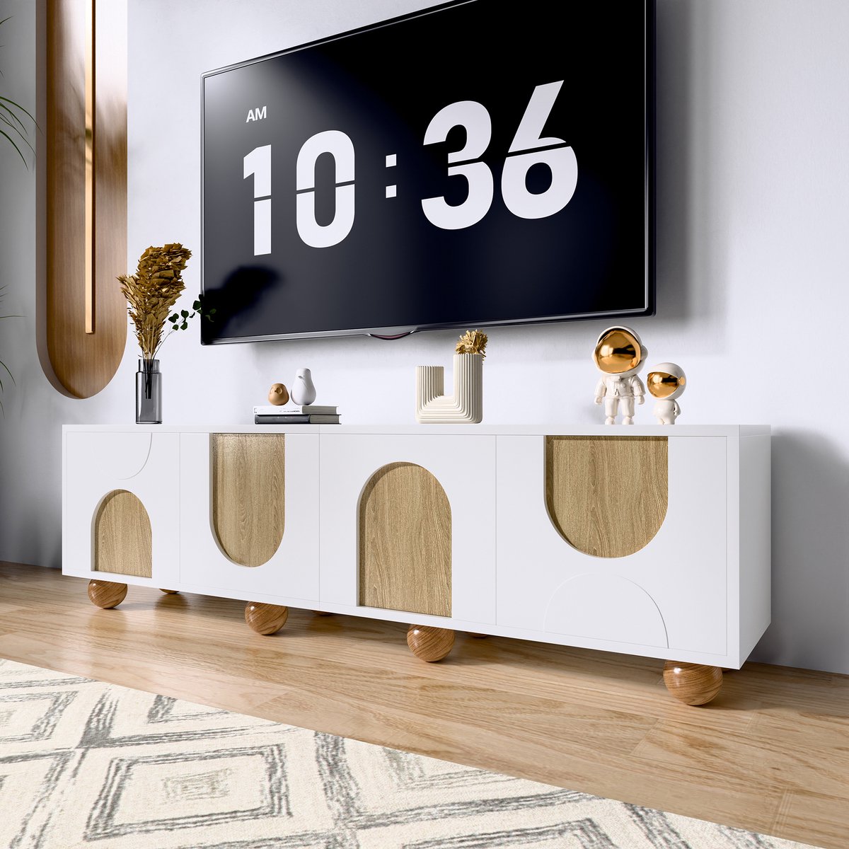 DESMIU Tv Meubel - Modern Opbergmeubel Met 4 Deuren - Voor Woonkamer Slaapkamer Of Kantoor - MDF In Naturel En Wit - 175x38x50 Cm