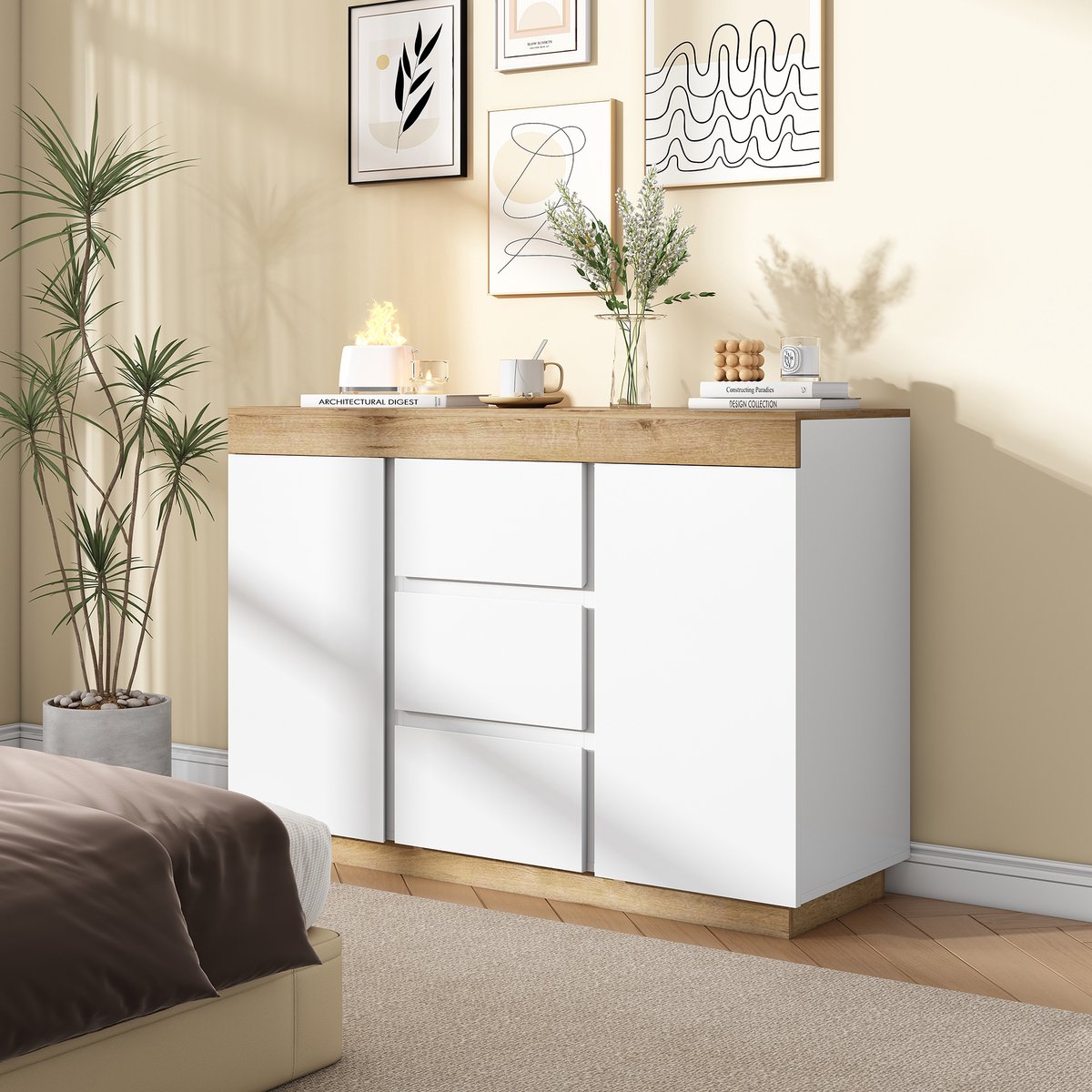 DESMIU Ladekast - Klassiek Opbergmeubel Met 3 Lades En 2 Deuren - Voor Slaapkamer En Woonkamer - Spaanplaat - Wit Eikenlook