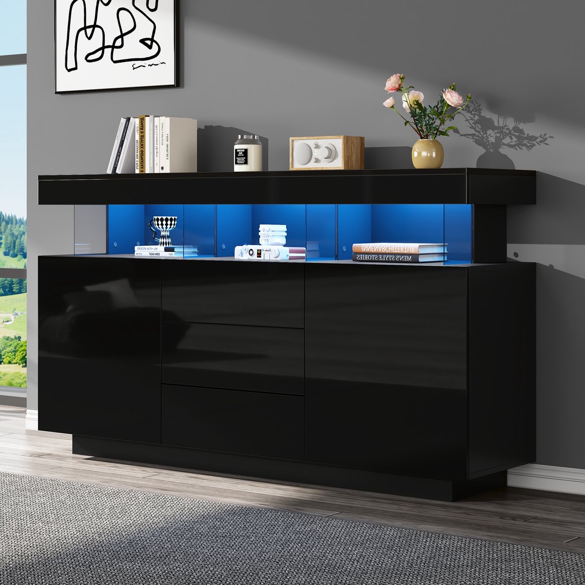 DESMIU Dressoir - Hoogglans Met Ledverlichting En 3 Laden - Voor Woonkamer Keuken En Hal - Spaanplaat En Acryl - 140x35x80 Cm - Zwart