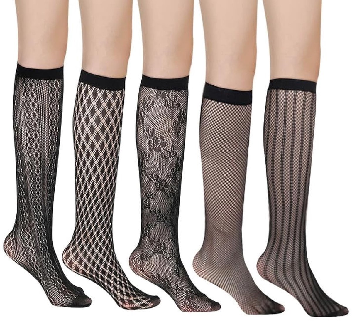 Dailygoods- Visnet Kousen 5 Paar - Dames Kniehoge Kousen - Ultra Dun - Zwart - Nylon/Spandex - Ademend Design