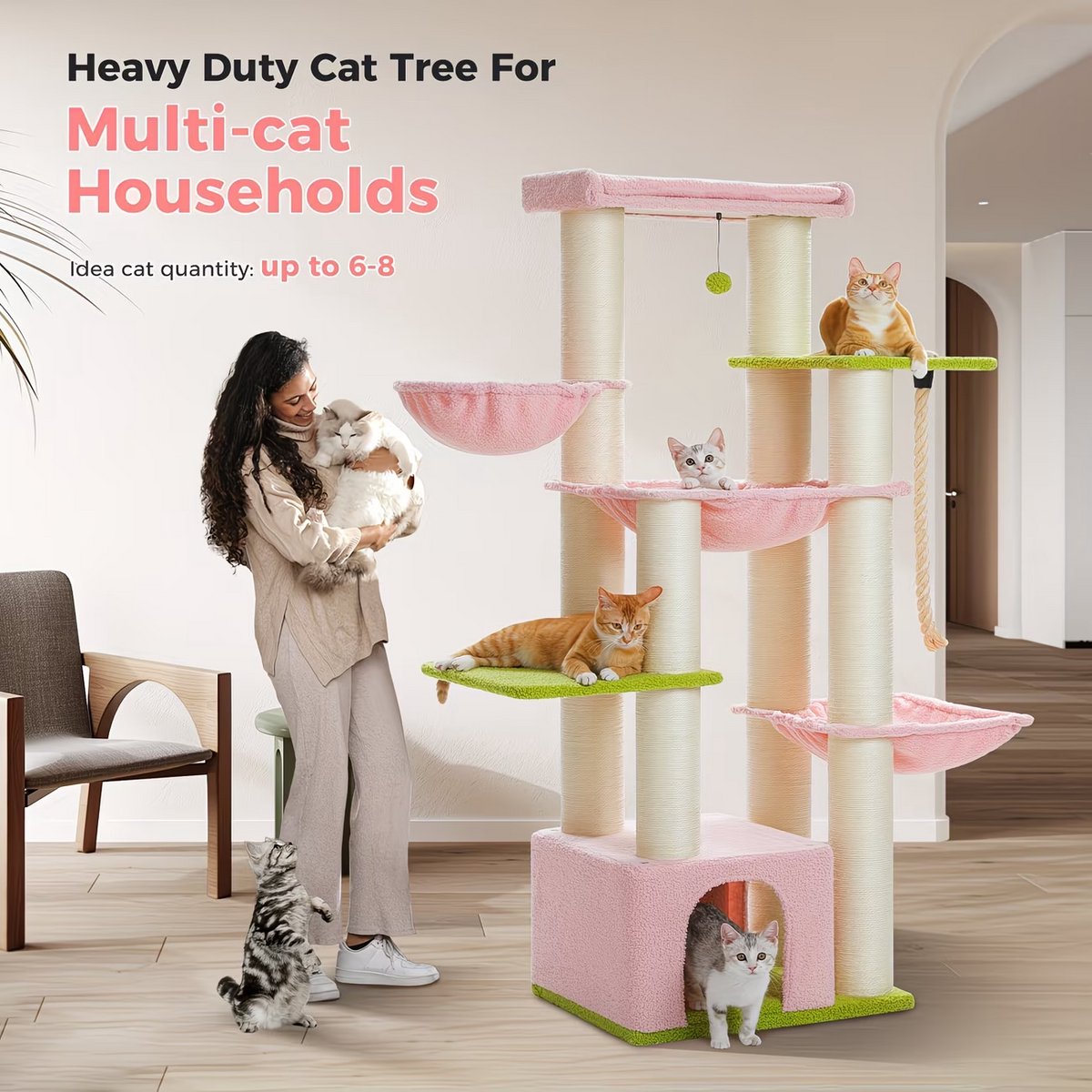 NordPaw® Krabpaal XXL voor Grote Katten 170 cm - Kattenboom met 7 Niveaus - 3 Hangmatten - Extra Groot Kattenhuis - 11 Sisal Krabpalen - Geschikt voor Maine Coon & Meerdere Katten - Zwart/Grijs – foto 6