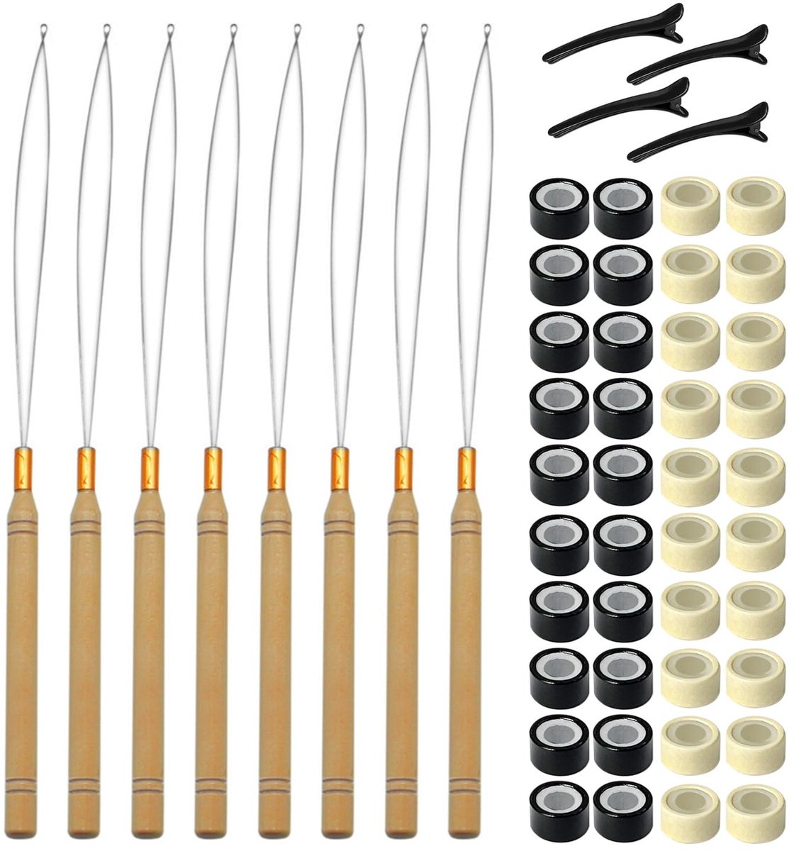 Dailygoods- Haarverlengingsringen 40 stuks - Naaldinrijger 8 stuks - Eendensnavelclips 4 stuks - Haarverlengingshaakgereedschap - Houten handvat - Onmisbaar voor kappers - Haaraccessoires