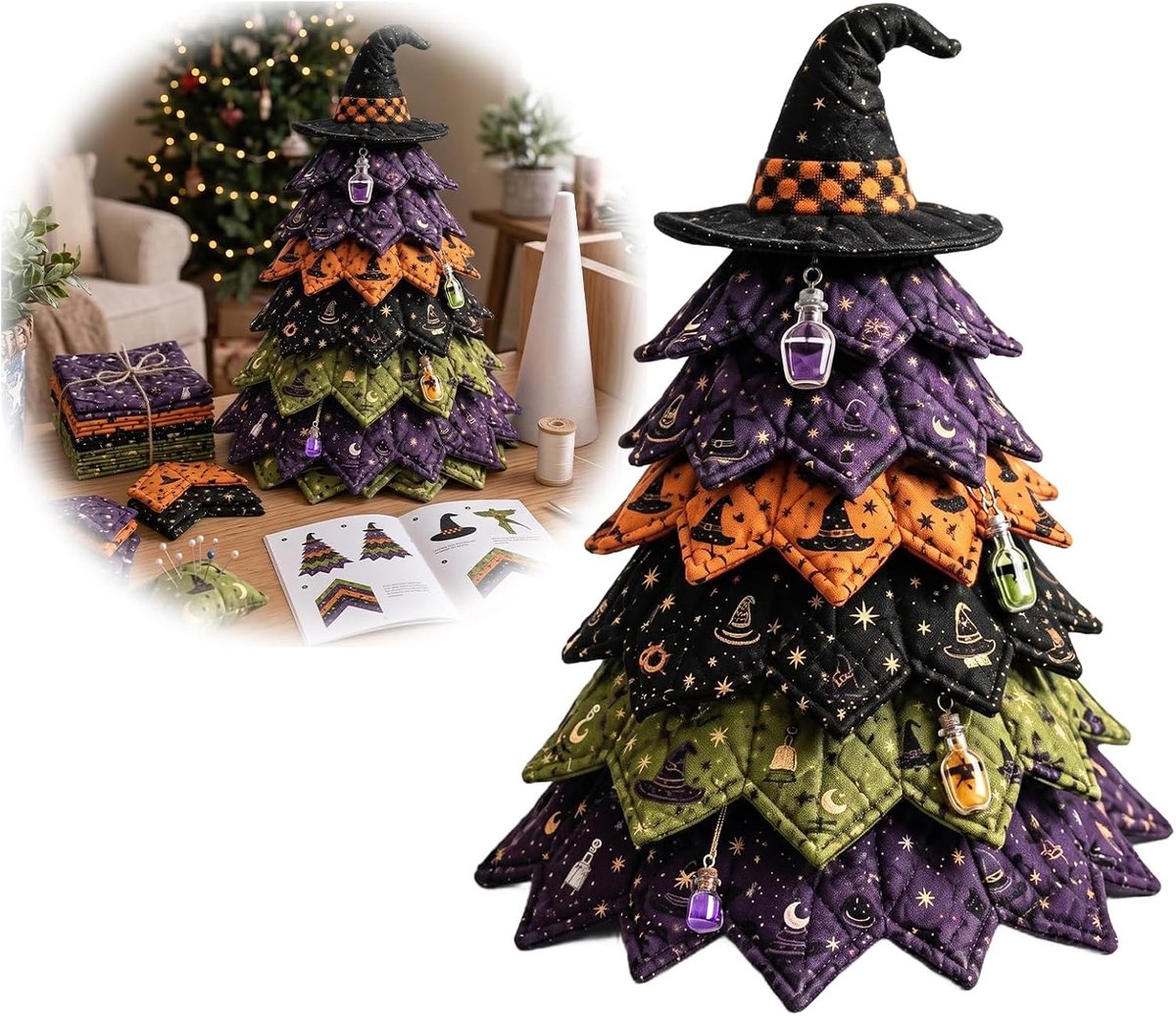DIY Halloween gequilte stoffen kerstboomset (onafgewerkt) - 17×11×9cm - Hoed & Toverdrank stoffen kerstboom - 3D handgemaakt naaiproject - Geschikt voor kerstversiering op de schoorsteenmantel - Creatief handgemaakt cadeau